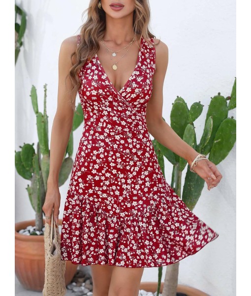 FENSACE Women's Summer Sleeveless Sexy Wrap V Neck Floral Sundress Mini Dress