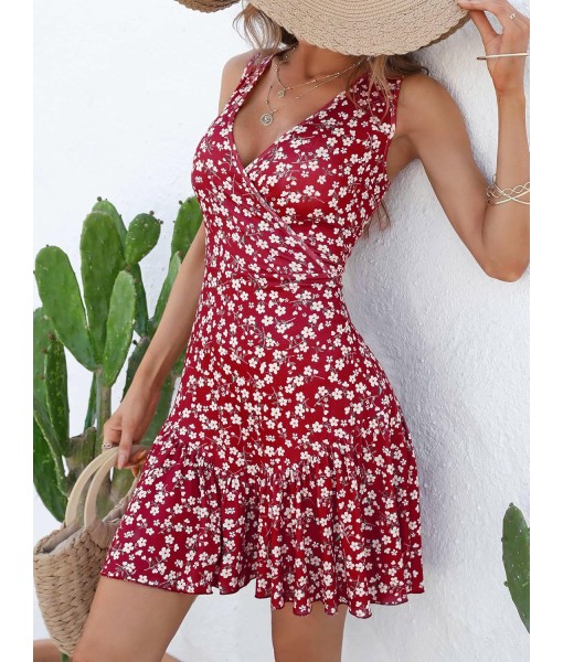 FENSACE Women's Summer Sleeveless Sexy Wrap V Neck Floral Sundress Mini Dress