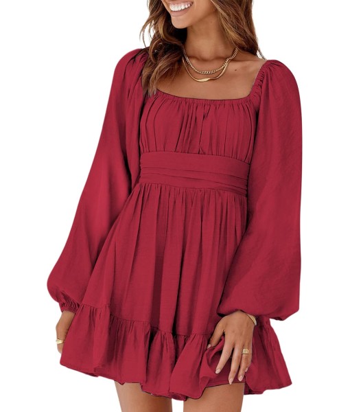 Dokotoo Womens Dress Long Lantern Sleeve Square Neck Tie Backless Sexy Dress Ruffle Elastic Waist A-Line Mini Dress