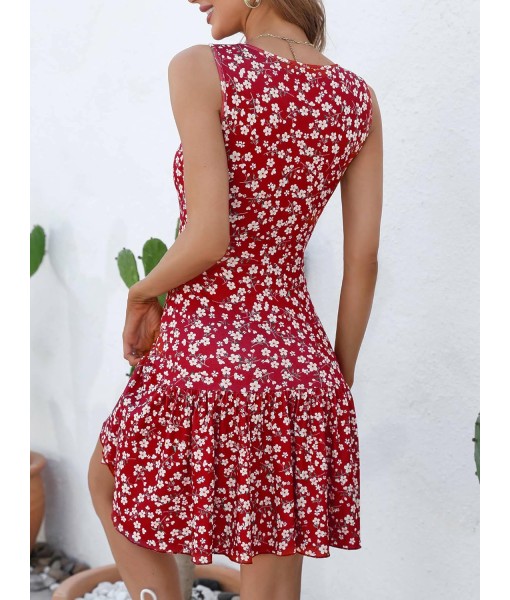FENSACE Women's Summer Sleeveless Sexy Wrap V Neck Floral Sundress Mini Dress