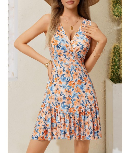 FENSACE Women's Summer Sleeveless Sexy Wrap V Neck Floral Sundress Mini Dress