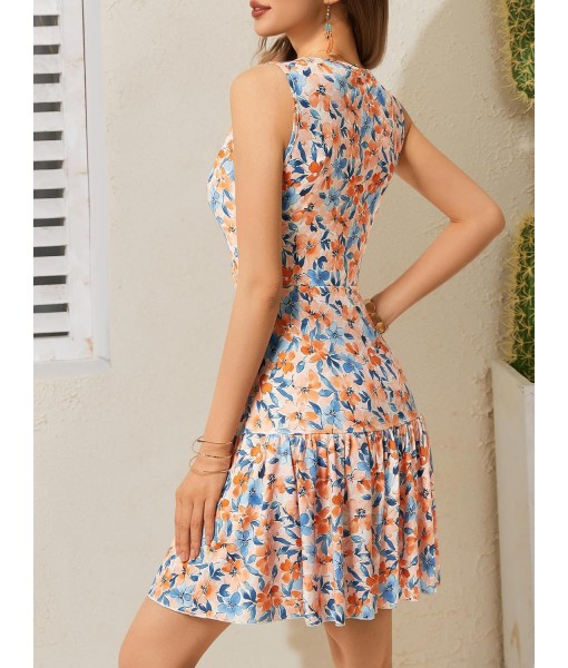 FENSACE Women's Summer Sleeveless Sexy Wrap V Neck Floral Sundress Mini Dress