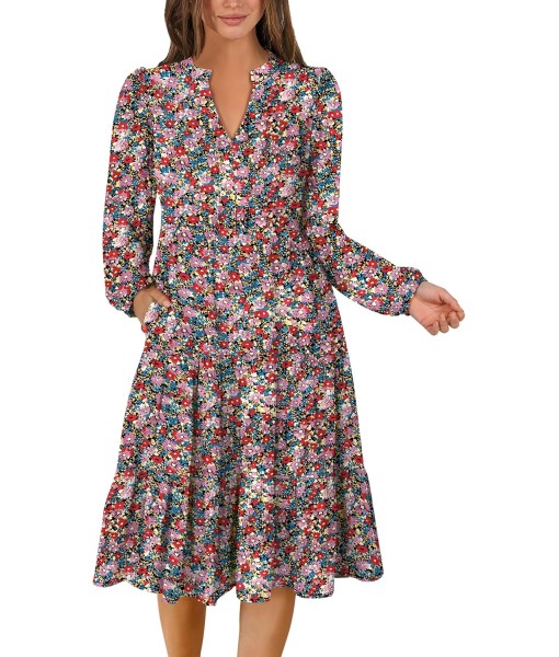 ANRABESS Long Sleeve Midi Dresses for Women V Neck 2025 Fall Fashion Casual Loose Fit Flowy Swing Tiered Vacation Boho Dress