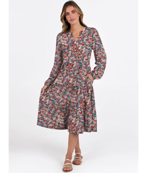 ANRABESS Long Sleeve Midi Dresses for Women V Neck 2025 Fall Fashion Casual Loose Fit Flowy Swing Tiered Vacation Boho Dress