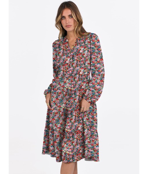 ANRABESS Long Sleeve Midi Dresses for Women V Neck 2025 Fall Fashion Casual Loose Fit Flowy Swing Tiered Vacation Boho Dress