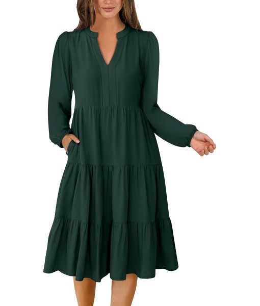 ANRABESS Long Sleeve Midi Dresses for Women V Neck 2025 Fall Fashion Casual Loose Fit Flowy Swing Tiered Vacation Boho Dress