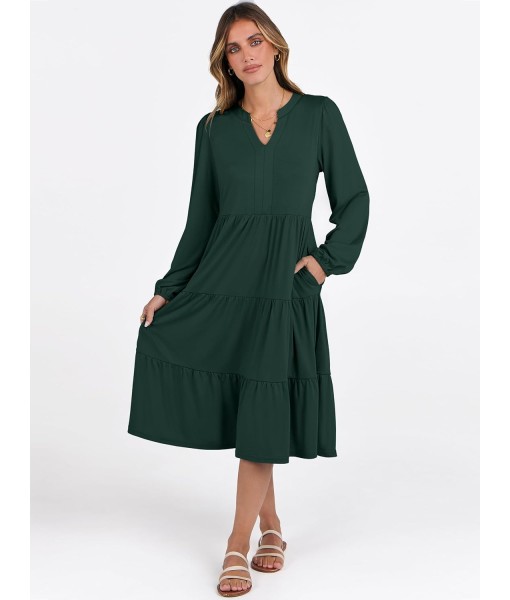 ANRABESS Long Sleeve Midi Dresses for Women V Neck 2025 Fall Fashion Casual Loose Fit Flowy Swing Tiered Vacation Boho Dress