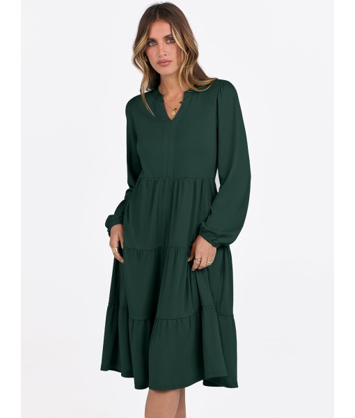 ANRABESS Long Sleeve Midi Dresses for Women V Neck 2025 Fall Fashion Casual Loose Fit Flowy Swing Tiered Vacation Boho Dress