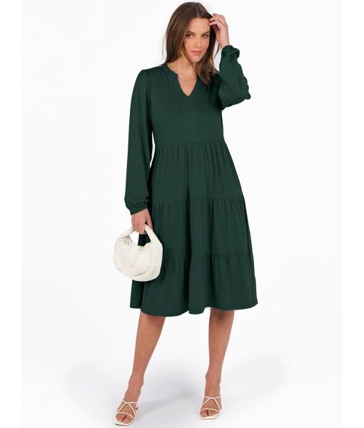 ANRABESS Long Sleeve Midi Dresses for Women V Neck 2025 Fall Fashion Casual Loose Fit Flowy Swing Tiered Vacation Boho Dress