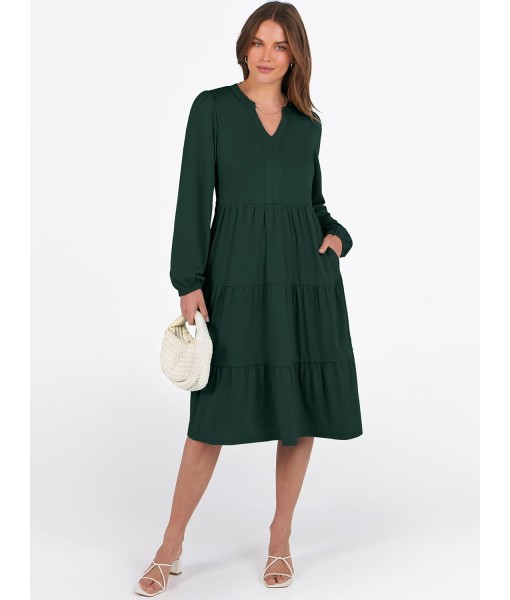 ANRABESS Long Sleeve Midi Dresses for Women V Neck 2025 Fall Fashion Casual Loose Fit Flowy Swing Tiered Vacation Boho Dress