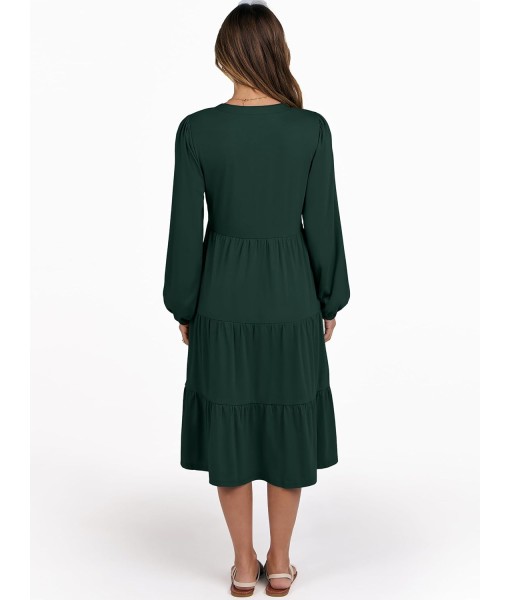 ANRABESS Long Sleeve Midi Dresses for Women V Neck 2025 Fall Fashion Casual Loose Fit Flowy Swing Tiered Vacation Boho Dress