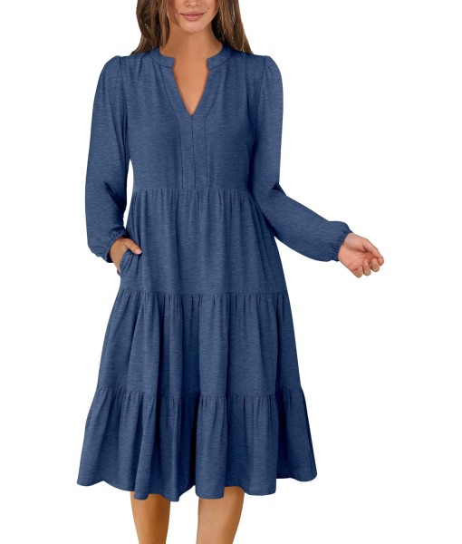 ANRABESS Long Sleeve Midi Dresses for Women V Neck 2025 Fall Fashion Casual Loose Fit Flowy Swing Tiered Vacation Boho Dress