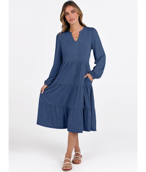 ANRABESS Long Sleeve Midi Dresses for Women V Neck 2025 Fall Fashion Casual Loose Fit Flowy Swing Tiered Vacation Boho Dress