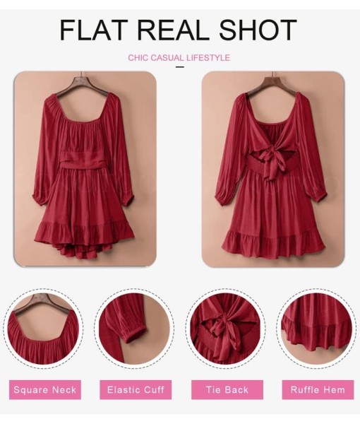 Dokotoo Womens Dress Long Lantern Sleeve Square Neck Tie Backless Sexy Dress Ruffle Elastic Waist A-Line Mini Dress