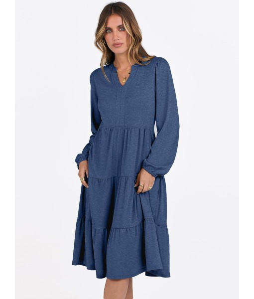 ANRABESS Long Sleeve Midi Dresses for Women V Neck 2025 Fall Fashion Casual Loose Fit Flowy Swing Tiered Vacation Boho Dress