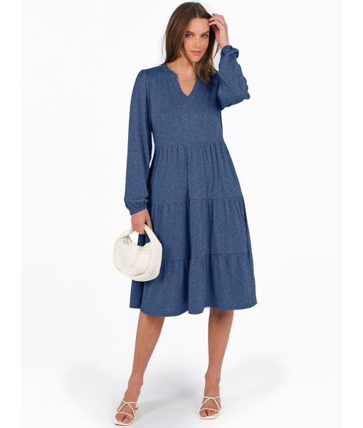 ANRABESS Long Sleeve Midi Dresses for Women V Neck 2025 Fall Fashion Casual Loose Fit Flowy Swing Tiered Vacation Boho Dress