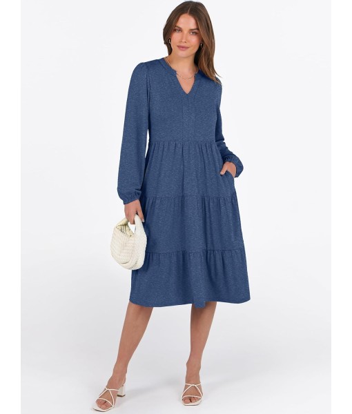ANRABESS Long Sleeve Midi Dresses for Women V Neck 2025 Fall Fashion Casual Loose Fit Flowy Swing Tiered Vacation Boho Dress