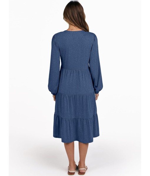ANRABESS Long Sleeve Midi Dresses for Women V Neck 2025 Fall Fashion Casual Loose Fit Flowy Swing Tiered Vacation Boho Dress