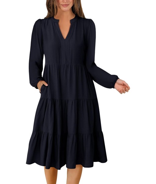 ANRABESS Long Sleeve Midi Dresses for Women V Neck 2025 Fall Fashion Casual Loose Fit Flowy Swing Tiered Vacation Boho Dress