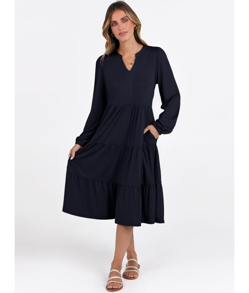 ANRABESS Long Sleeve Midi Dresses for Women V Neck 2025 Fall Fashion Casual Loose Fit Flowy Swing Tiered Vacation Boho Dress
