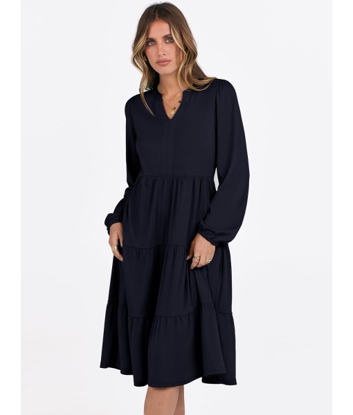 ANRABESS Long Sleeve Midi Dresses for Women V Neck 2025 Fall Fashion Casual Loose Fit Flowy Swing Tiered Vacation Boho Dress