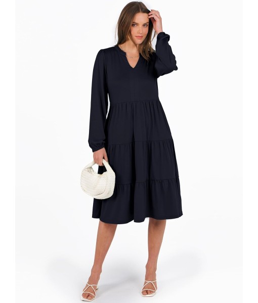 ANRABESS Long Sleeve Midi Dresses for Women V Neck 2025 Fall Fashion Casual Loose Fit Flowy Swing Tiered Vacation Boho Dress