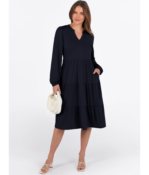 ANRABESS Long Sleeve Midi Dresses for Women V Neck 2025 Fall Fashion Casual Loose Fit Flowy Swing Tiered Vacation Boho Dress