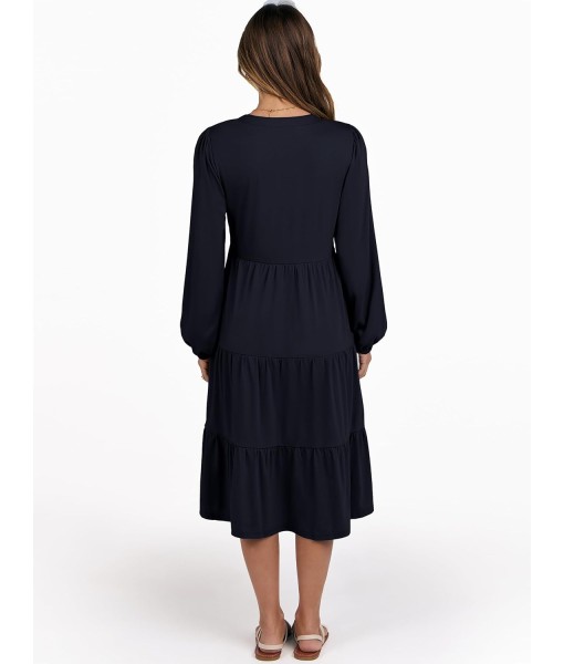 ANRABESS Long Sleeve Midi Dresses for Women V Neck 2025 Fall Fashion Casual Loose Fit Flowy Swing Tiered Vacation Boho Dress