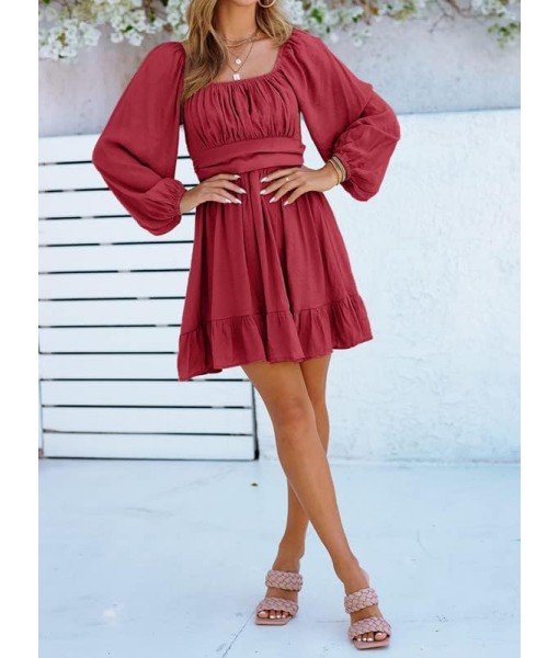 Dokotoo Womens Dress Long Lantern Sleeve Square Neck Tie Backless Sexy Dress Ruffle Elastic Waist A-Line Mini Dress