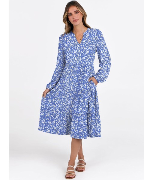 ANRABESS Long Sleeve Midi Dresses for Women V Neck 2025 Fall Fashion Casual Loose Fit Flowy Swing Tiered Vacation Boho Dress
