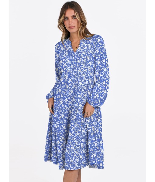 ANRABESS Long Sleeve Midi Dresses for Women V Neck 2025 Fall Fashion Casual Loose Fit Flowy Swing Tiered Vacation Boho Dress