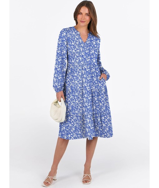 ANRABESS Long Sleeve Midi Dresses for Women V Neck 2025 Fall Fashion Casual Loose Fit Flowy Swing Tiered Vacation Boho Dress
