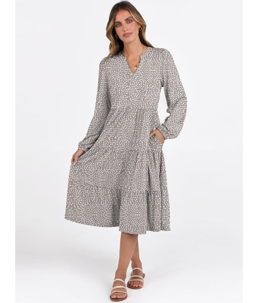 ANRABESS Long Sleeve Midi Dresses for Women V Neck 2025 Fall Fashion Casual Loose Fit Flowy Swing Tiered Vacation Boho Dress