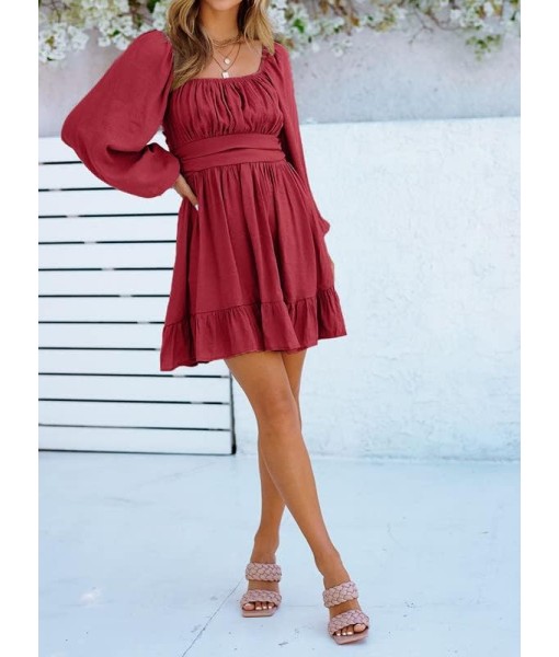 Dokotoo Womens Dress Long Lantern Sleeve Square Neck Tie Backless Sexy Dress Ruffle Elastic Waist A-Line Mini Dress