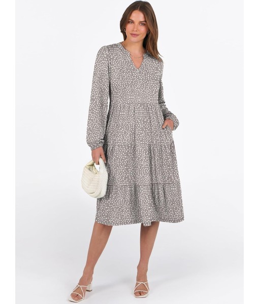 ANRABESS Long Sleeve Midi Dresses for Women V Neck 2025 Fall Fashion Casual Loose Fit Flowy Swing Tiered Vacation Boho Dress