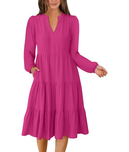ANRABESS Long Sleeve Midi Dresses for Women V Neck 2025 Fall Fashion Casual Loose Fit Flowy Swing Tiered Vacation Boho Dress