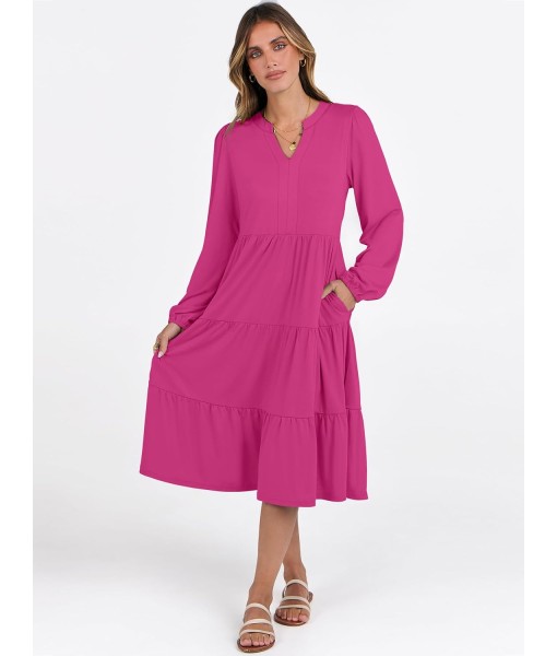ANRABESS Long Sleeve Midi Dresses for Women V Neck 2025 Fall Fashion Casual Loose Fit Flowy Swing Tiered Vacation Boho Dress
