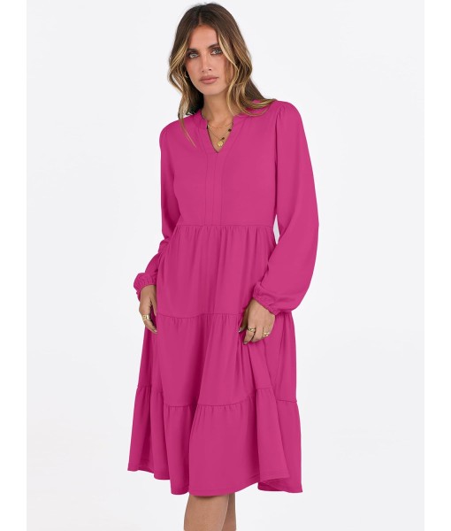 ANRABESS Long Sleeve Midi Dresses for Women V Neck 2025 Fall Fashion Casual Loose Fit Flowy Swing Tiered Vacation Boho Dress