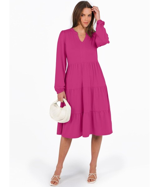 ANRABESS Long Sleeve Midi Dresses for Women V Neck 2025 Fall Fashion Casual Loose Fit Flowy Swing Tiered Vacation Boho Dress