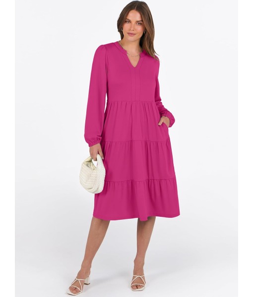 ANRABESS Long Sleeve Midi Dresses for Women V Neck 2025 Fall Fashion Casual Loose Fit Flowy Swing Tiered Vacation Boho Dress