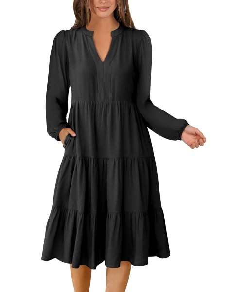 ANRABESS Long Sleeve Midi Dresses for Women V Neck 2025 Fall Fashion Casual Loose Fit Flowy Swing Tiered Vacation Boho Dress