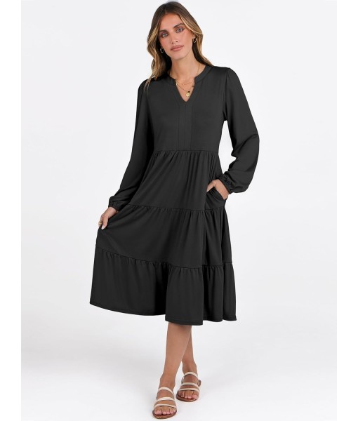 ANRABESS Long Sleeve Midi Dresses for Women V Neck 2025 Fall Fashion Casual Loose Fit Flowy Swing Tiered Vacation Boho Dress