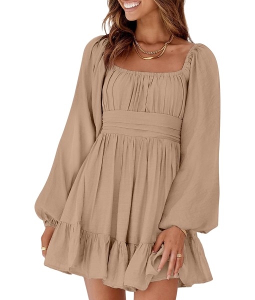Dokotoo Womens Dress Long Lantern Sleeve Square Neck Tie Backless Sexy Dress Ruffle Elastic Waist A-Line Mini Dress