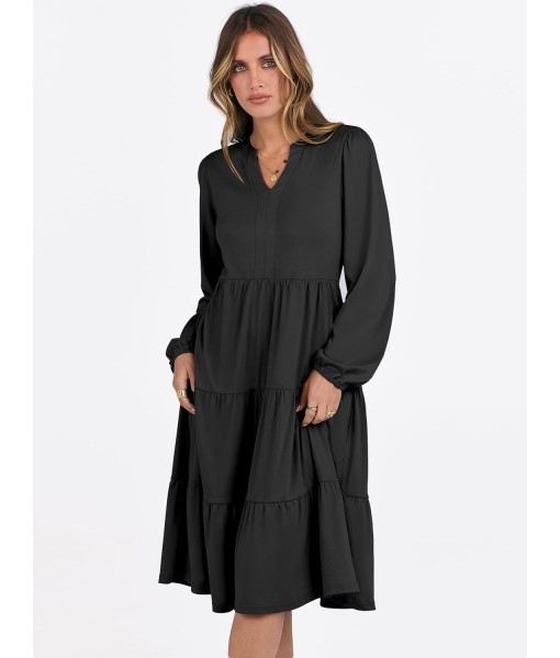 ANRABESS Long Sleeve Midi Dresses for Women V Neck 2025 Fall Fashion Casual Loose Fit Flowy Swing Tiered Vacation Boho Dress