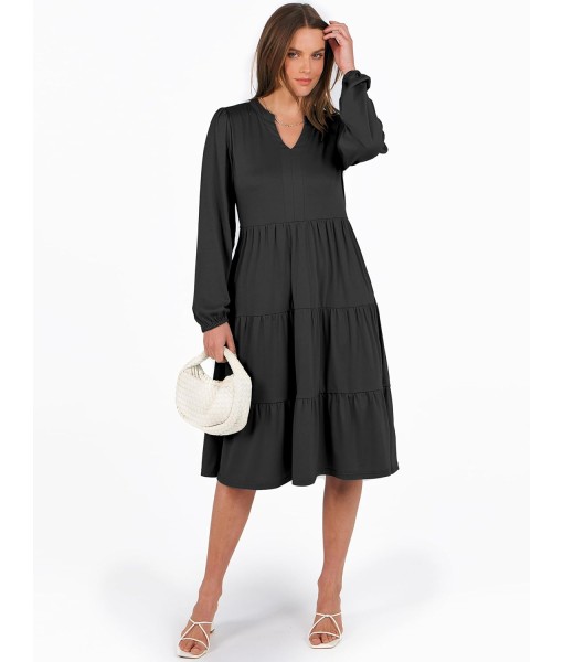 ANRABESS Long Sleeve Midi Dresses for Women V Neck 2025 Fall Fashion Casual Loose Fit Flowy Swing Tiered Vacation Boho Dress