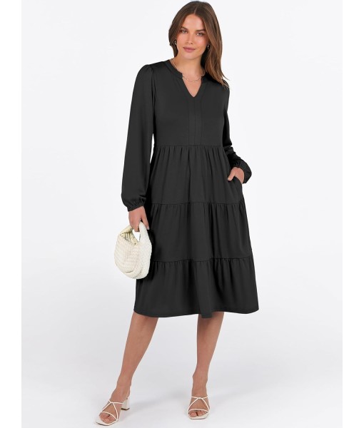 ANRABESS Long Sleeve Midi Dresses for Women V Neck 2025 Fall Fashion Casual Loose Fit Flowy Swing Tiered Vacation Boho Dress