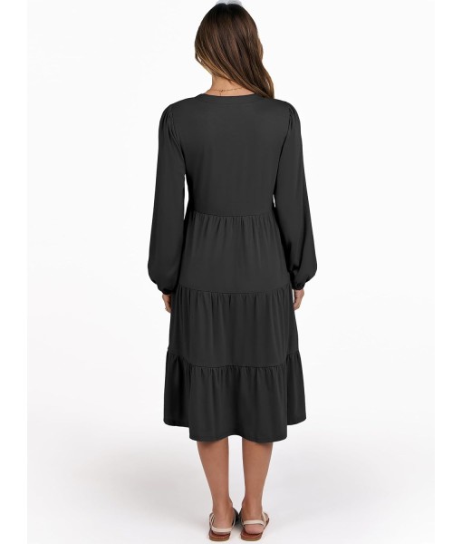 ANRABESS Long Sleeve Midi Dresses for Women V Neck 2025 Fall Fashion Casual Loose Fit Flowy Swing Tiered Vacation Boho Dress