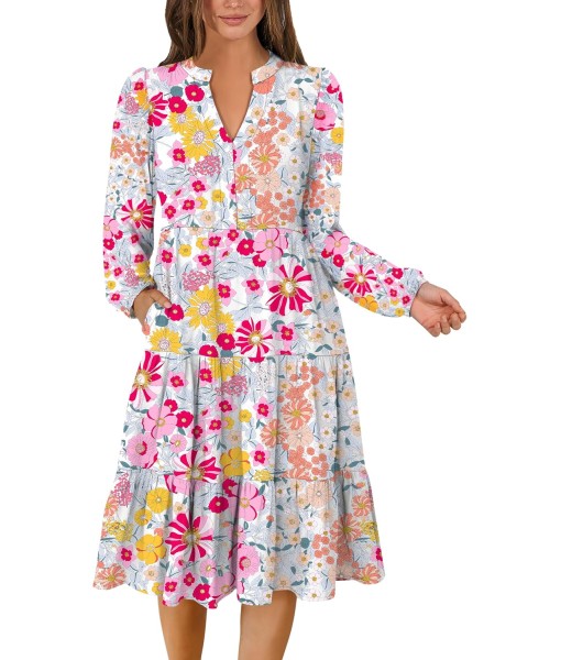 ANRABESS Long Sleeve Midi Dresses for Women V Neck 2025 Fall Fashion Casual Loose Fit Flowy Swing Tiered Vacation Boho Dress