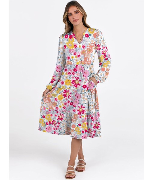 ANRABESS Long Sleeve Midi Dresses for Women V Neck 2025 Fall Fashion Casual Loose Fit Flowy Swing Tiered Vacation Boho Dress