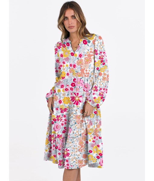 ANRABESS Long Sleeve Midi Dresses for Women V Neck 2025 Fall Fashion Casual Loose Fit Flowy Swing Tiered Vacation Boho Dress
